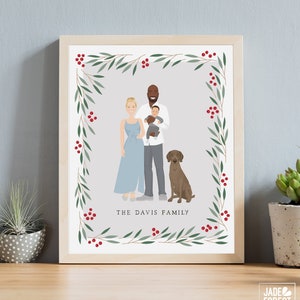 Personalized Family Portrait with Baby and Dog, Custom Drawing from Photo, Fun Christmas Gift for New Parents or Great Dane Mom and Dads