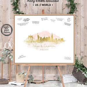 Wedding Guest Book Alternative > New York City skyline guestbook, Blush watercolor and faux metallic gold print, Canvas sign for wedding