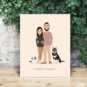 Boho portrait print canvas > Custom gift for husband or wife with earthy hygge color palette, Large couple portrait sign with dogs