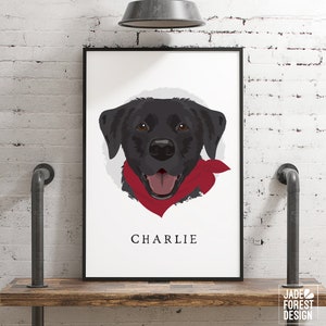 Custom Dog Portrait Cartoon with Bandana  > black lab cartoon canvas, personalized pet home decor, large framed Labrador drawing from photo