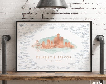 Wedding Guestbook: Detroit Skyline Art on Sage Watercolor (Framed Canvas)