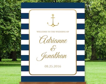 Nautical Wedding Welcome Sign / Nautical Stripes / Navy Stripes and Gold Anchor / Navy and Gold ▷ Printable File {or} Printed & Shipped