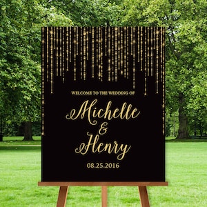 Letrero de bienvenida para boda, estilo Gatsby, negro y dorado (texto personalizado)