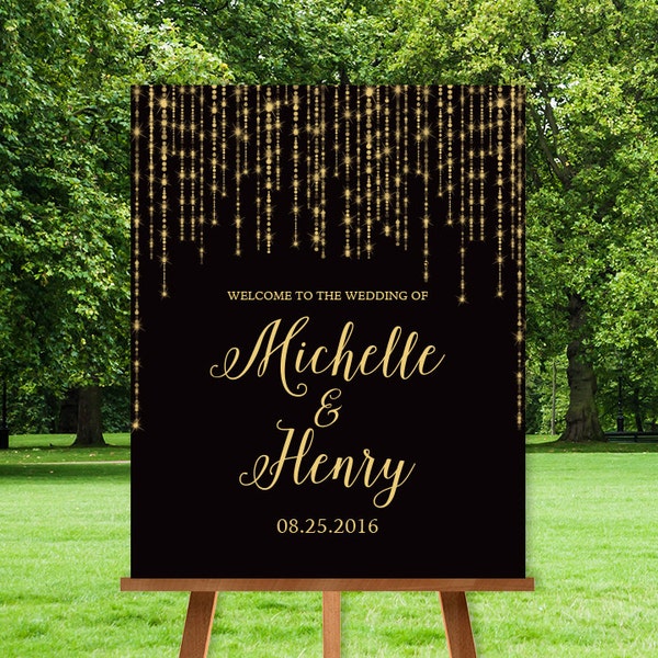 Letrero de bienvenida para boda, estilo Gatsby, negro y dorado (texto personalizado)