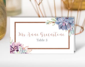 Purple Succulent Place Cards, Rose Gold Wedding Seating Cards, Cactus Geometric Escort Cards, Folded Tent Card > PRINTED Place Cards