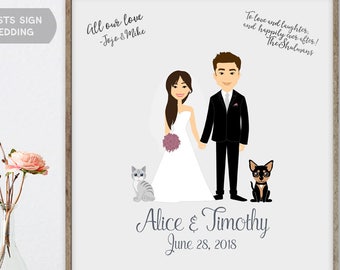 Wedding Couple Portrait Guest Book - Custom Couple Portrait from Photo with Pets If Desired, as Alternative Wedding Guest Book Sign In