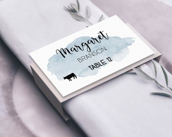 Dusty Blue Place Cards, Blue Watercolor Wedding Seating Cards, Calligraphy Escort Cards, Folded Tent Card  > PRINTED Place Card