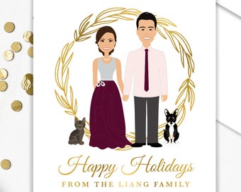 Couple Portrait Holiday Card / Christmas Card Portrait, Family, Children, Pet Portrait Illustration ▷ Custom Family Portrait