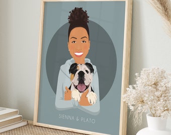 Custom Dog Owner with Dog Portrait, Framed Pet Drawing with Bulldog, Unique Gift Idea for Bulldog Dad, Custom Dog Dad Gift for Fathers Day