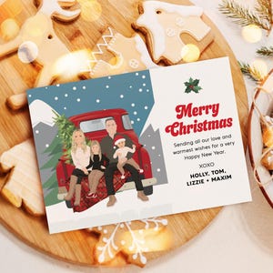 Printable, Holiday Card Set, Custom Drawn, Personalized Family Christmas Portrait, Pet Cartoon Illustration, Red Truck Holiday Greeting