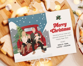 Printable, Holiday Card Set, Custom Drawn, Personalized Family Christmas Portrait, Pet Cartoon Illustration, Red Truck Holiday Greeting