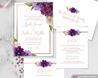 Purple Wedding Invitation Set / Purple Flowers, Anemone, Peony, Ranunculus, Rose Gold Fall Wedding ▷Printed Invitations {or} Printable