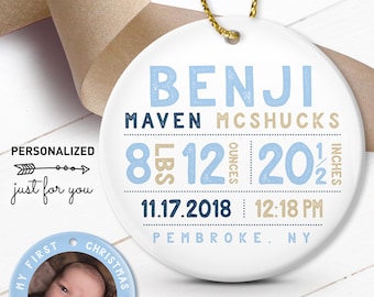 Baby's First Christmas Ornament, Personalized Photo Ornament, Baby Boy Birth Stats, Personalized Gift for New Parents