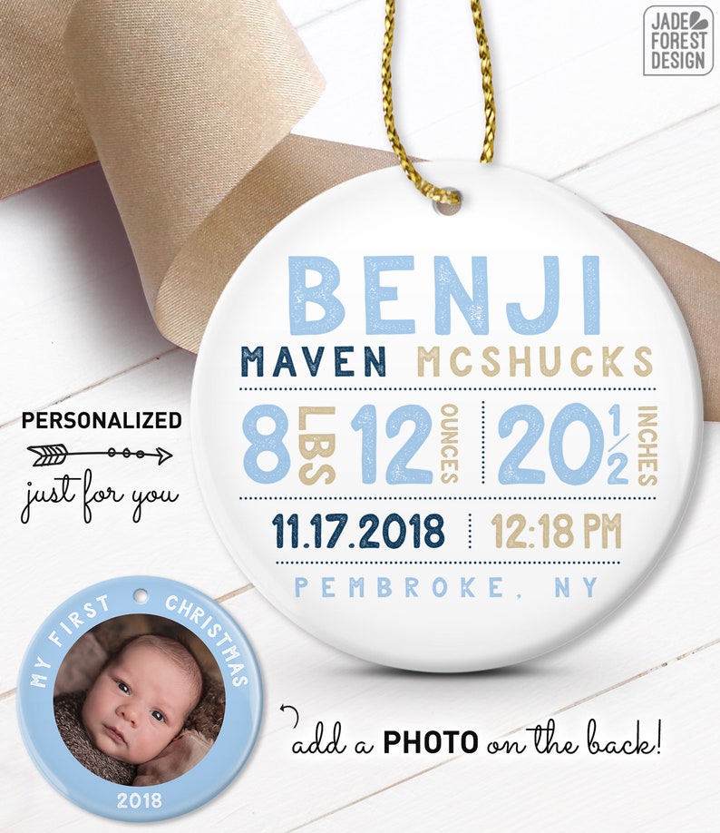 Personalized Baby Ornament, Baby First Christmas Photo Ornament, Baby Boy Birth Stats, Personalized Gift for New Parents image 4