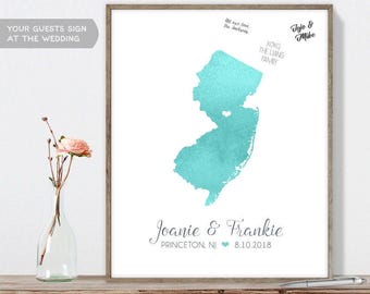 Wedding Guest Book, Watercolor Map Art, New Jersey (Personalized Canvas)