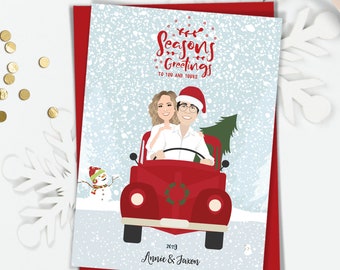 Custom Couple Portrait Christmas Card > Christmas Tree Truck Holiday Card Idea, Cute Christmas Cards with  Custom Family Portrait in Car