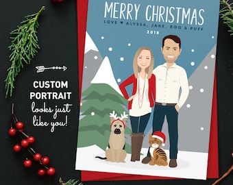 Pet Christmas Card, Custom Cartoon Couple with Dog Illustration and Cat Portrait, Printed Holiday Cards 5x7, Custom Family Portrait