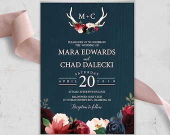 Rustic Wedding Invitation, Burgundy Navy Boho Wedding Invites, Marsala Blush Flowers and Antlers, PRINTED INVITATION or printable invite