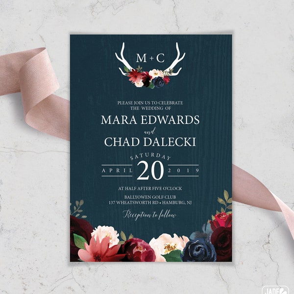 Rustic Wedding Invitation, Burgundy Navy Boho Wedding Invites, Marsala Blush Flowers and Antlers, PRINTED INVITATION or printable invite