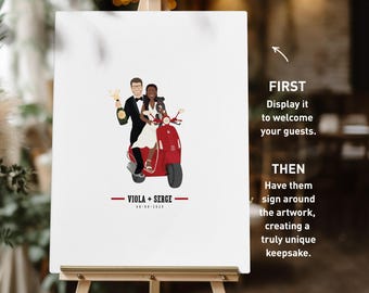 Red Vespa Guestbook Alternative, Bride and Groom with Cat on Vespa, Custom Portrait Wedding Guest Book, Couple Cartoon Art, Cat Portrait Art