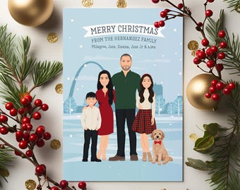 Christmas in Saint Louis Holiday Card, Custom Family Portrait with Saint Louis Skyline Background, Cartoon Family and Dog Drawn from Photo