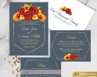 Fall Wedding Invitation Set / Red Rose Flower, Orange Calla Lilly, Floral Invitation, Gold Geometric ▷ Printed Invitations {or} Printable