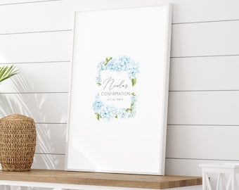Communion Guest Book, Blue Hydrangea Floral Frame (Custom Names & Date)