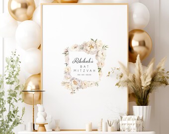 Bat Mitzvah Guestbook Canvas - Floral White Peony Design, Personalized