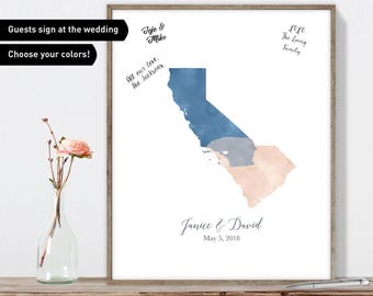 Book Alternative Art, XL Framed Guestbook, Two State Canvas, Wedding Guest Book, Custom Map Print, Blue and Blush Pink Watercolor Keepsake