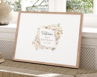70th Birthday Sign, White Peony Design, Canvas Frame XL, Custom Event Display, Unique Party Keepsake, Floral Guest Book Alternative