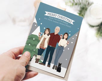Family Portrait with Pets, Cat Christmas Cards Custom, Handdrawn from Photo, Winter Mountain Scene, Cat Illustration, Custom Cat Portrait