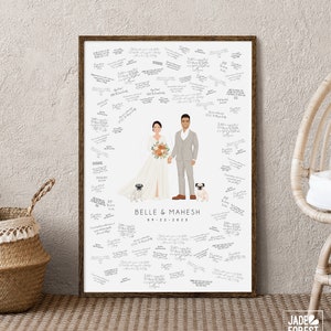 custom wedding guest book alternative art, bride and groom with dogs portrait canvas print, personalized wedding caricature with dogs