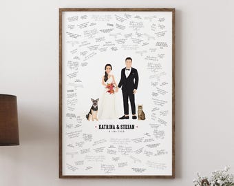Wedding Guest Book Alternative Canvas, Couple Portrait with Dog and Cat, Floral Bouquet, Custom Wedding Dress, Wedding with Pets Drawing