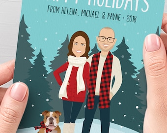 Custom Family Portrait Holiday Cards, Personalized Christmas Cards with Pet Portrait, Printed Christmas Card 5x7