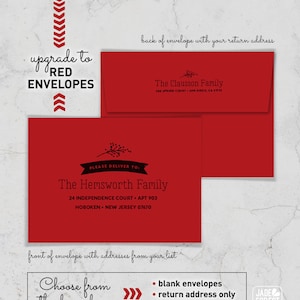 a set of red envelopes with a black and white logo