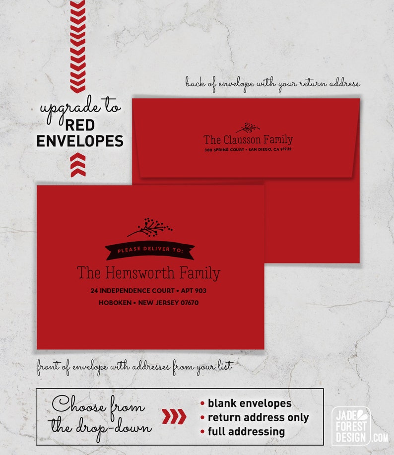 a set of red envelopes with a black and white logo
