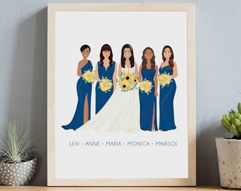 Personalized Bridesmaids with Bride Portrait in Blue with Sunflowers, Custom Drawing from Photo, Fun Christmas Gift for Newlywed Best Friend