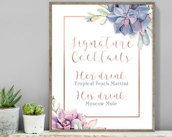 Succulent Signature Cocktail Sign / Bar Sign / Greenery and Rose Gold Geometric / Cactus and Copper▷ Printable File {or} Printed & Shipped