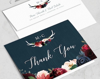 Rustic Thank You Card Burgundy Navy Boho, Boho Deer Antlers, Blush Pink Blooms, Folded Printed Stationery, Wedding Gratitude Notes