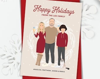 Custom Portrait, Family Portrait, Gift for Her, Personalized Christmas Card Featuring Cats, Handdrawn Holiday Illustration from Photo