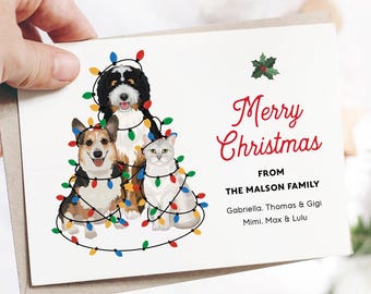 Pet Christmas Cards, Cat Portrait from Photo, Custom Cat and Dog Holiday Card, Funny Dog Portrait Christmas Card, Pets in Christmas Lights