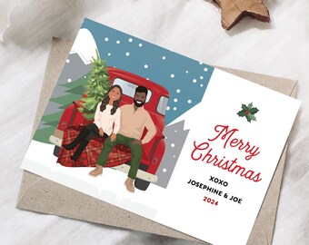 Holiday Card Set, Custom Drawn, Personalized Christmas Card, Pickup Truck Design, Couple Cartoon Illustration, Unique Holiday Gift