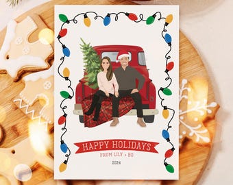 Holiday Card Set, Family Portrait, Christmas Cards 2024, Custom Drawn Illustration, Personalized Pet Cartoon, Unique Gift for Her