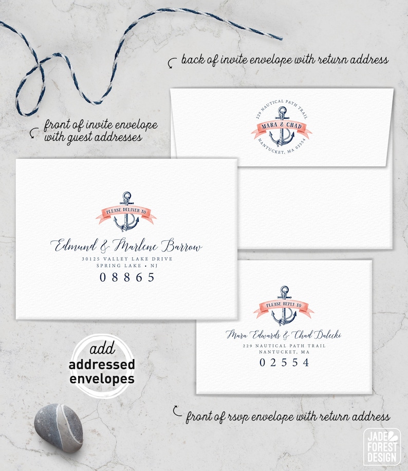 Nautical Envelopes Addressed Coral Navy Blue Wedding Invite Envelope PRINTED Envelopes Return Address Printing Guest List Addressing