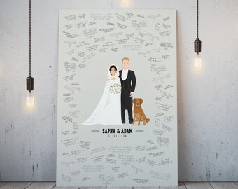 Custom Guest Book Alternative Canvas, Winter Wedding Couple Portrait, Personalized Groom and Bride Drawing, Unique Newlywed Art Gift