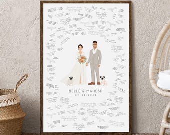 Wedding Guest Book Alternative Canvas - Custom Couple and Pets Portrait