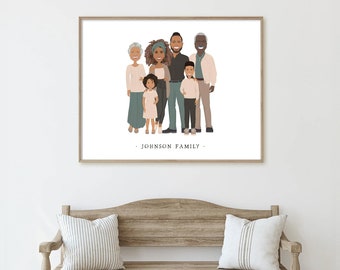 Custom family portrait with children, Personalized family illustration on white, Unique family gift idea for parents, gift for Mothers Day