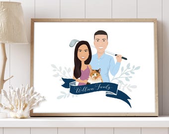 Custom Cartoon Family Portrait with Calico Cat (Paper or Canvas)