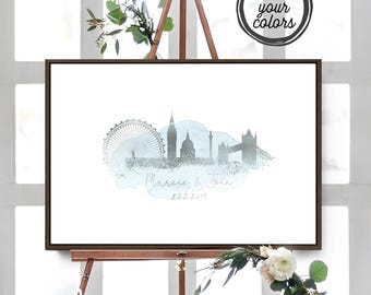 Wedding Guestbook: Custom Skyline Art - Dusty Blue Silver Watercolor
