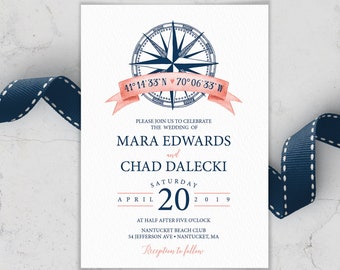 Nautical Wedding Invitation, Coral Navy Blue Wedding Invites for Beach Destination Wedding, PRINTED INVITATION or printable invite